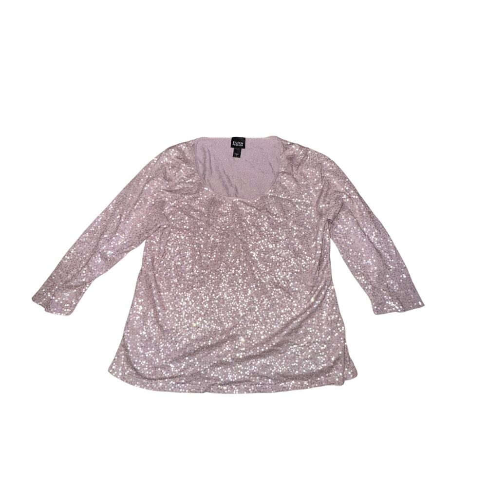 Eileen Fisher Blouse Women's Size S Mauve Purple Sequins Silk Blend 3/4 Sleeve